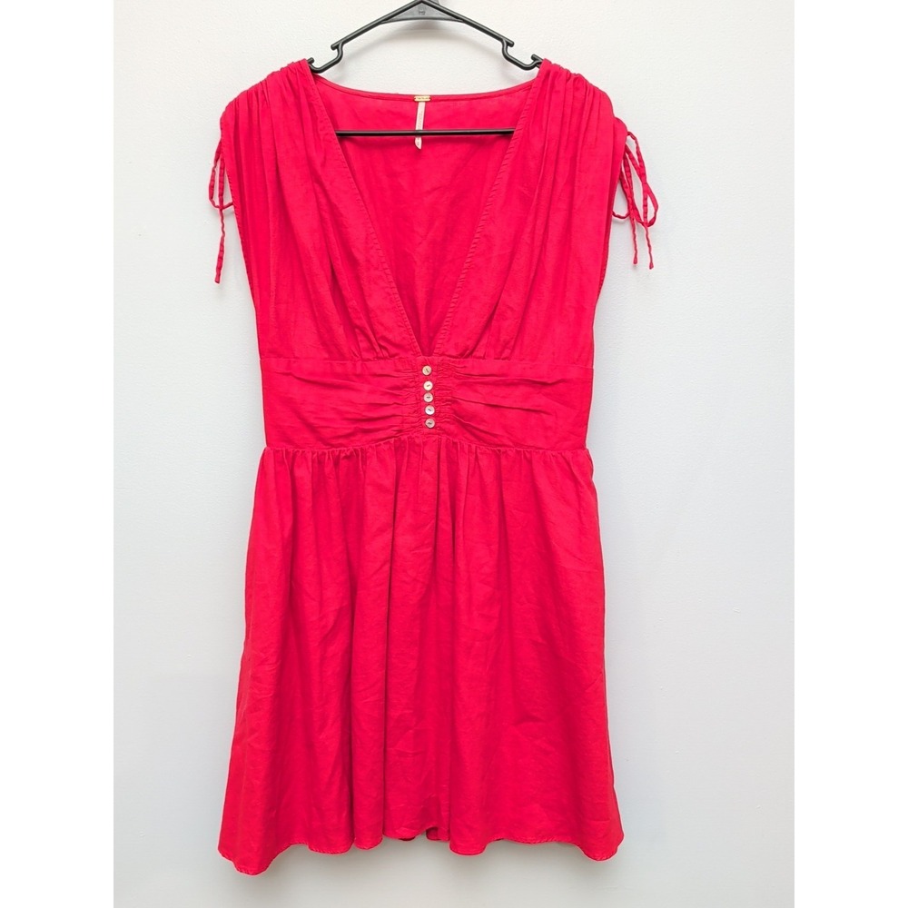 DR3 Free People Roll the Dice Mini Dress Sz M V Neck Rouched Sleeves Buttons